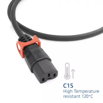 Strāvas vads ACT CEE 7/7 (leņķveida) – IEC C15 Lock+ melns, 3 m, 10 A, 250 V
