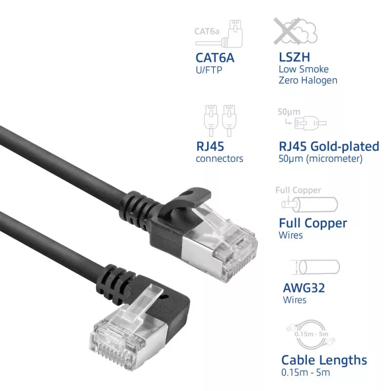 ACT Black 0.25 m U/FTP CAT6A LSZH plāns plākšņu vads ar RJ45 savienotājiem 90° leņķī pa kreisi un taisnu
