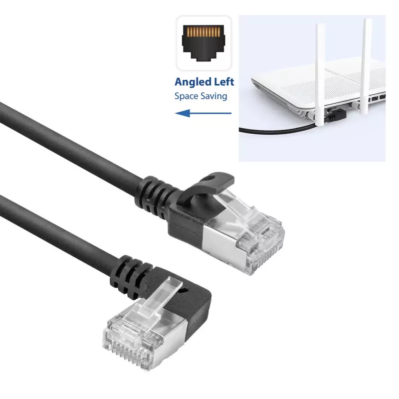 ACT Black 0.25 m U/FTP CAT6A LSZH plāns plākšņu vads ar RJ45 savienotājiem 90° leņķī pa kreisi un taisnu