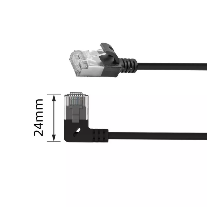 ACT Black 0.25 m U/FTP CAT6A LSZH plāns plākšņu vads ar RJ45 savienotājiem 90° leņķī pa kreisi un taisnu
