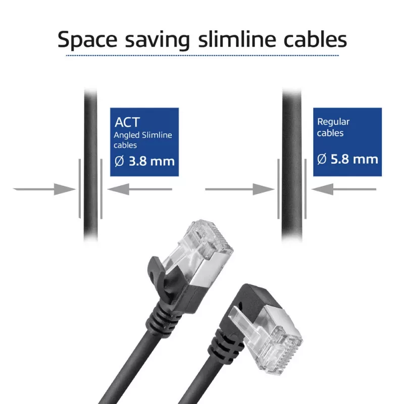 ACT Black 0.25 m U/FTP CAT6A LSZH plāns plākšņu vads ar RJ45 savienotājiem 90° leņķī pa kreisi un taisnu