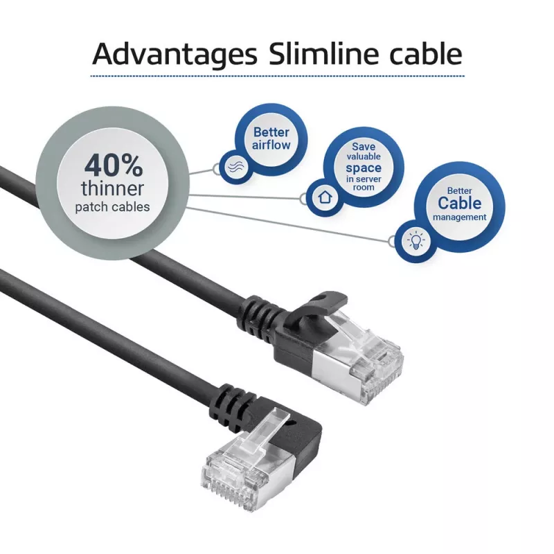 ACT Black 0.25 m U/FTP CAT6A LSZH plāns plākšņu vads ar RJ45 savienotājiem 90° leņķī pa kreisi un taisnu