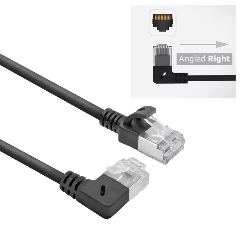 ACT Black 1.5 m U/FTP CAT6A LSZH Slimline patch kabelis ar RJ45 90° leņķa labo un taisno savienotāju