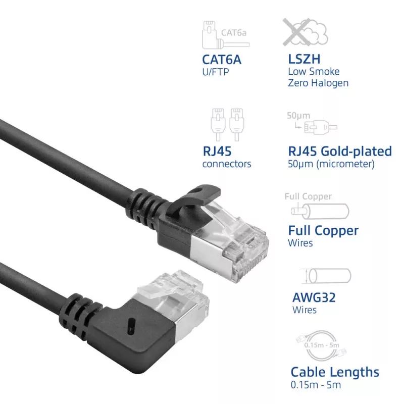 ACT Black 1.5 m U/FTP CAT6A LSZH Slimline patch kabelis ar RJ45 90° leņķa labo un taisno savienotāju