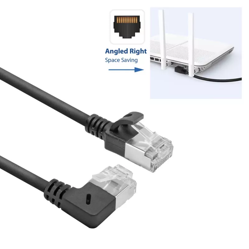 ACT Black 1.5 m U/FTP CAT6A LSZH Slimline patch kabelis ar RJ45 90° leņķa labo un taisno savienotāju