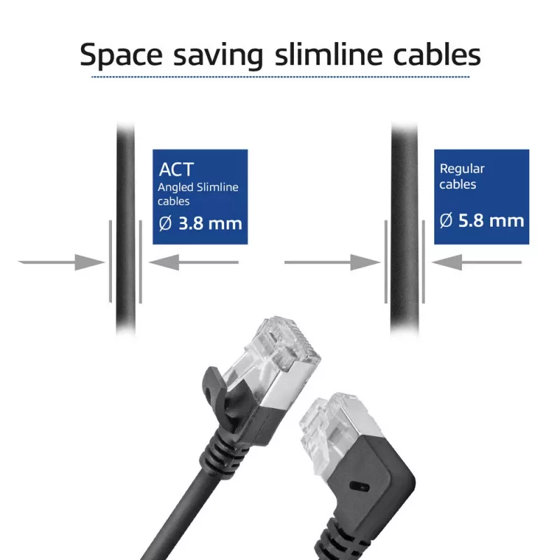 ACT Black 1.5 m U/FTP CAT6A LSZH Slimline patch kabelis ar RJ45 90° leņķa labo un taisno savienotāju
