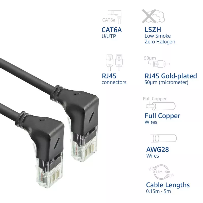 ACT Black 1 m U/UTP CAT6A LSZH Slimline patch kabelis ar RJ45 savienotājiem 90° leņķī uz leju