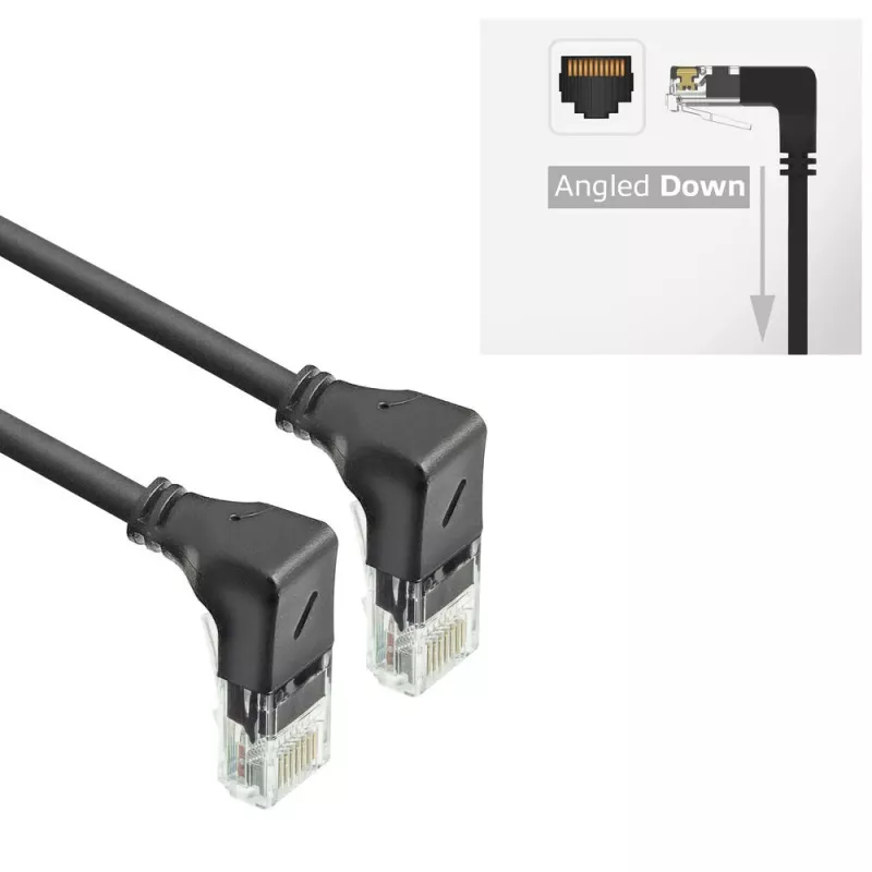 ACT Black 5 m U/UTP CAT6A LSZH Slimline savienojuma kabelis ar RJ45 savienotājiem 90° leņķī uz leju abos galos