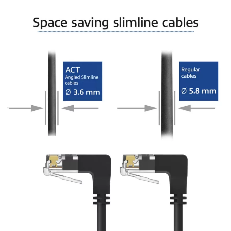 ACT Black 5 m U/UTP CAT6A LSZH Slimline savienojuma kabelis ar RJ45 savienotājiem 90° leņķī uz leju abos galos