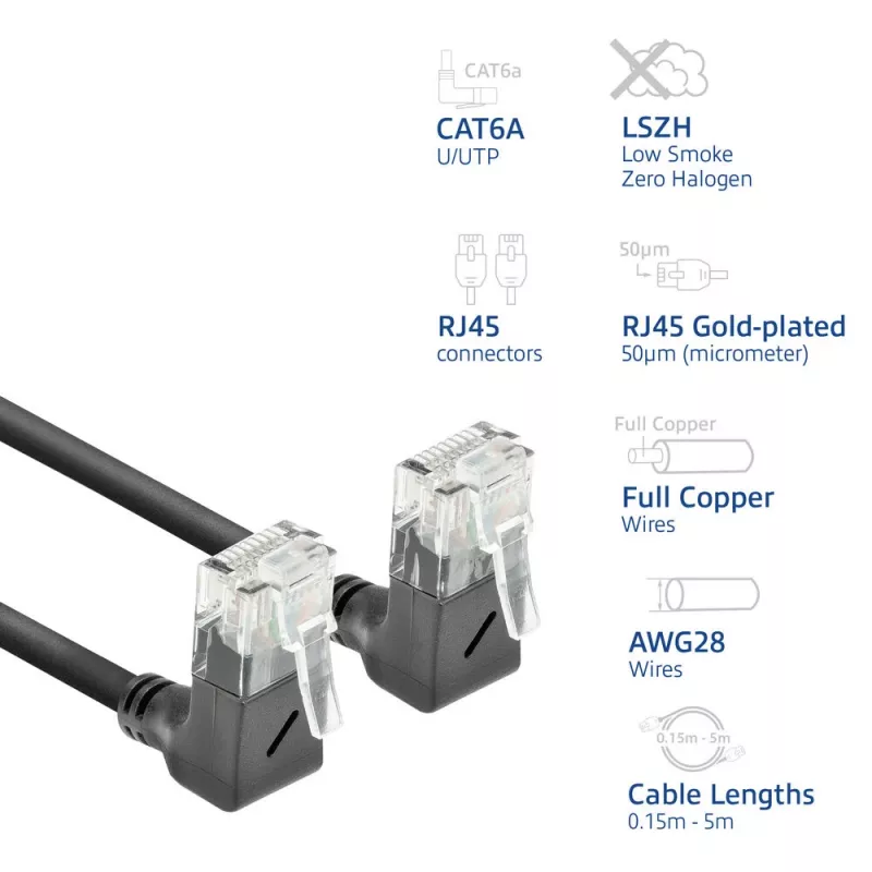 ACT Black 1 m U/UTP CAT6A LSZH plāns savienojuma kabelis ar RJ45 90° leņķa augšup savienotājiem
