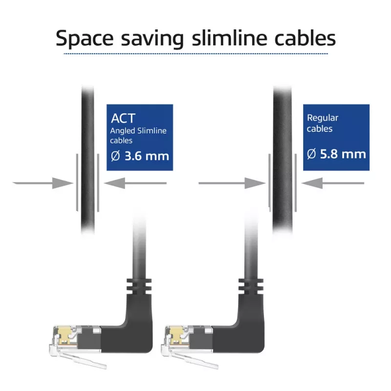 ACT Black 1 m U/UTP CAT6A LSZH plāns savienojuma kabelis ar RJ45 90° leņķa augšup savienotājiem