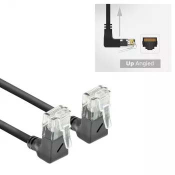 ACT Black 0.25 m U/UTP CAT6A LSZH plāns plākstera kabelis ar RJ45 savienotājiem 90° leņķī uz augšu līdz 90° leņķī uz augšu