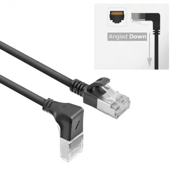 ACT Black 2 m U/FTP CAT6A LSZH Slimline patch kabelis ar RJ45 savienotājiem 90° leņķī uz leju un taisnu