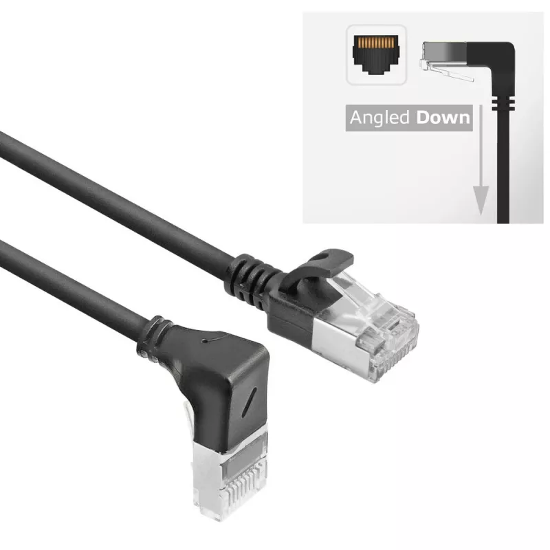 ACT Black 0.15 m U/FTP CAT6A LSZH Slimline savienojuma kabelis ar RJ45 savienotājiem 90° leņķī uz leju un taisnu