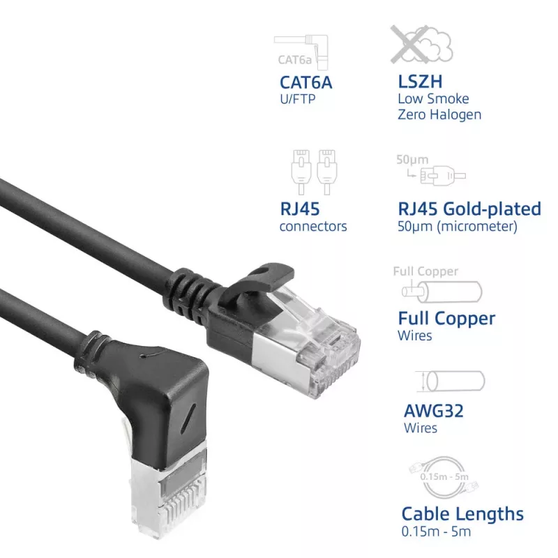 ACT Black 0.15 m U/FTP CAT6A LSZH Slimline savienojuma kabelis ar RJ45 savienotājiem 90° leņķī uz leju un taisnu