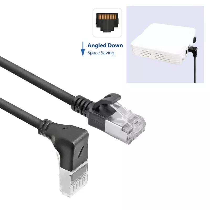 ACT Black 0.15 m U/FTP CAT6A LSZH Slimline savienojuma kabelis ar RJ45 savienotājiem 90° leņķī uz leju un taisnu