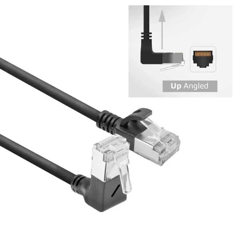 ACT Black 0.15 m U/FTP CAT6A LSZH plāns savienojuma kabelis ar RJ45 savienotājiem 90° leņķī uz leju līdz 90° leņķī uz leju