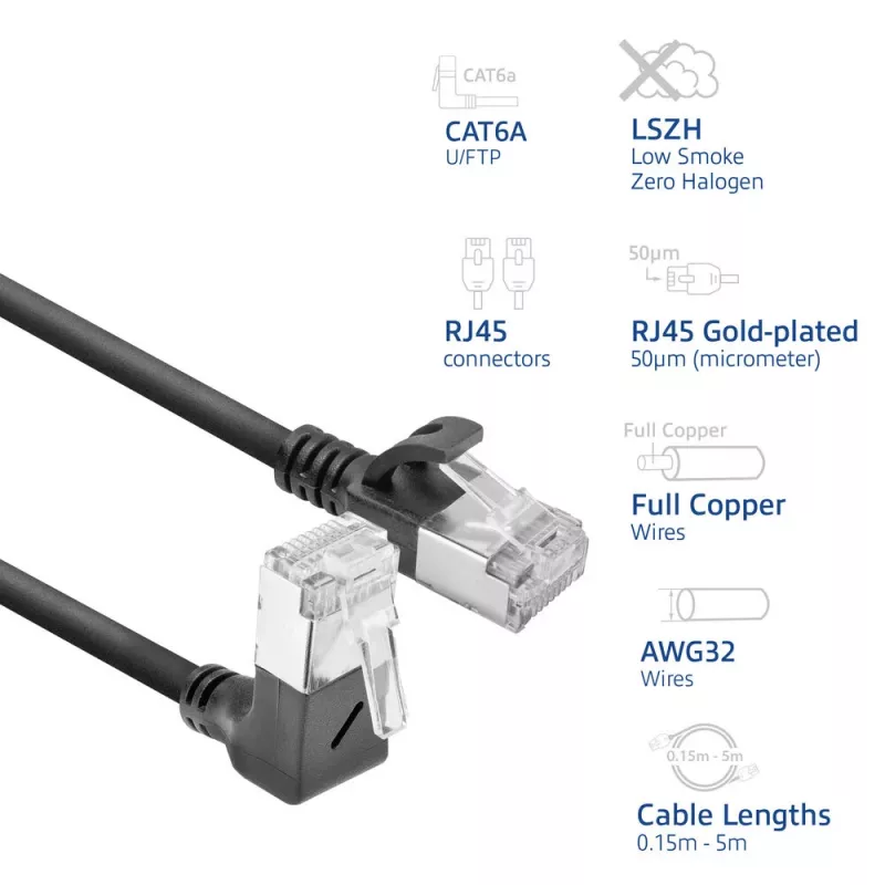 ACT Black 0.15 m U/FTP CAT6A LSZH plāns savienojuma kabelis ar RJ45 savienotājiem 90° leņķī uz leju līdz 90° leņķī uz leju