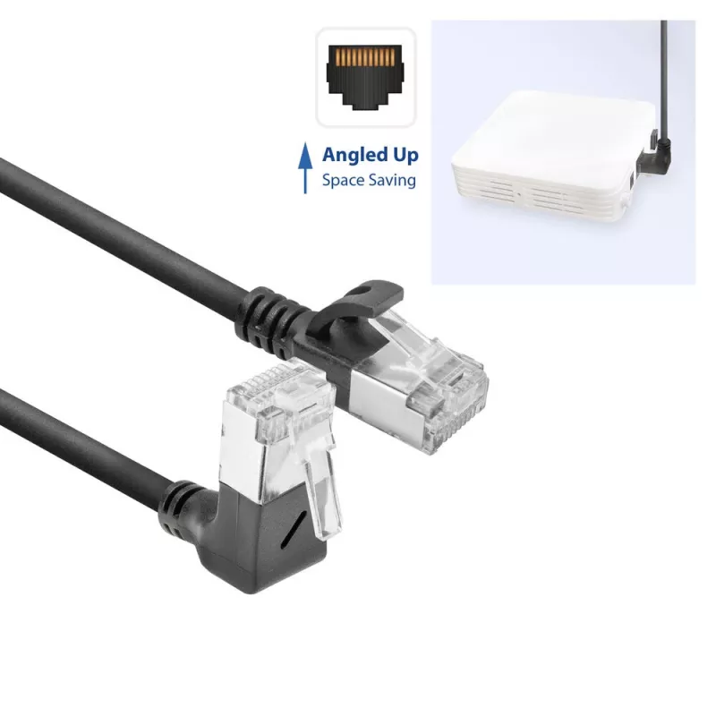 ACT Black 0.15 m U/FTP CAT6A LSZH plāns savienojuma kabelis ar RJ45 savienotājiem 90° leņķī uz leju līdz 90° leņķī uz leju
