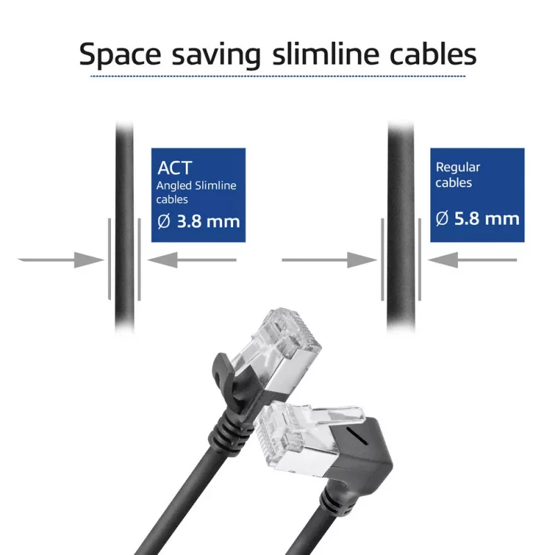 ACT Black 0.15 m U/FTP CAT6A LSZH plāns savienojuma kabelis ar RJ45 savienotājiem 90° leņķī uz leju līdz 90° leņķī uz leju
