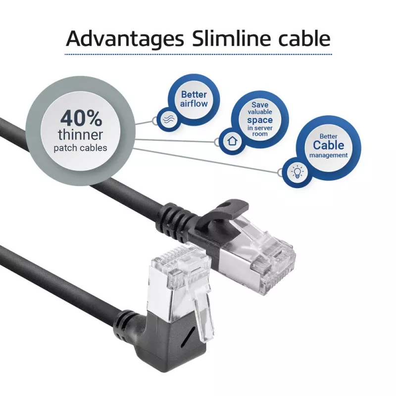 ACT Black 0.15 m U/FTP CAT6A LSZH plāns savienojuma kabelis ar RJ45 savienotājiem 90° leņķī uz leju līdz 90° leņķī uz leju