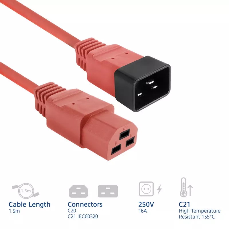 Strāvas vads ACT C20–C21 IEC60320 sarkans 1,5 m, 250 V 16 A