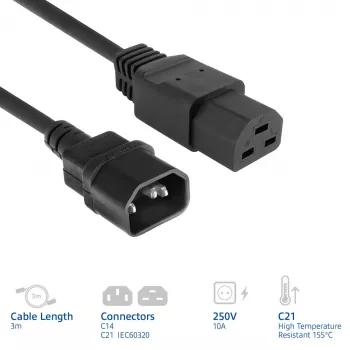 Strāvas vads ACT C14–C21 IEC60320 melns 3 m, 250 V 10 A