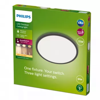 Philips Superslim Griestu Lampas 15W, Melna, Metāls, Plastmasa, IP54, Terasei, Dārzam, II, Mūsdienīga