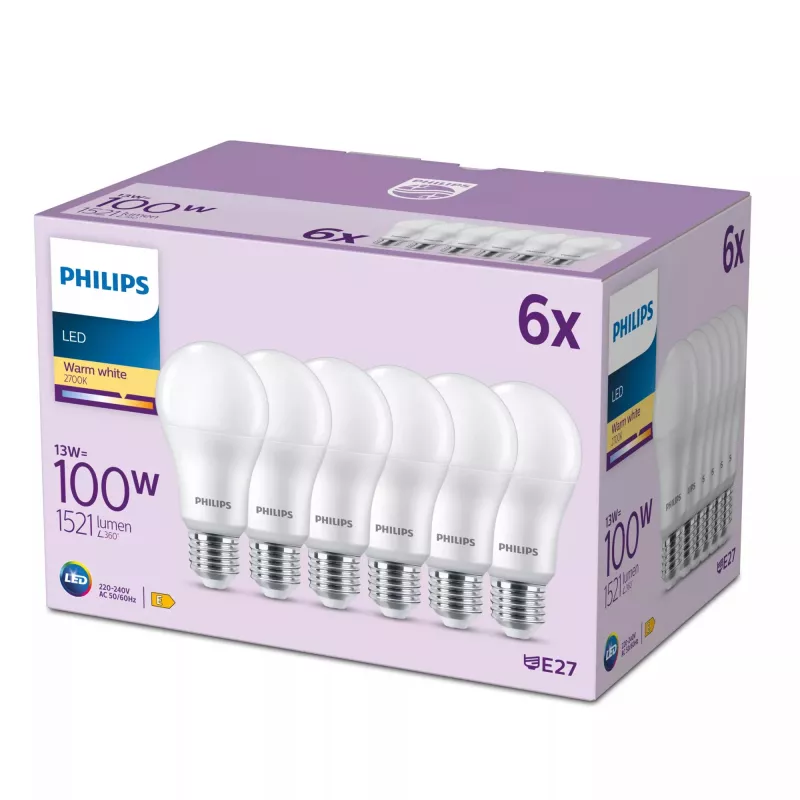 Philips LED spuldze 100W A65 E27 x6, 13W, 1521 lm, 15000 h, silta balta