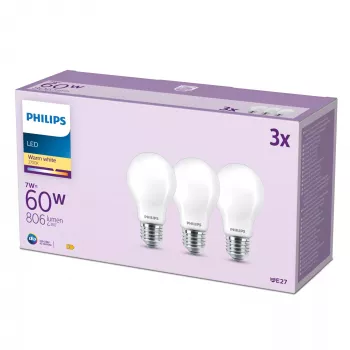 Philips Filament Spuldze Matēta 60W A60 E27 x3, 7 W, 60 W, E27, 806 lm, 15000 h, Silta balta
