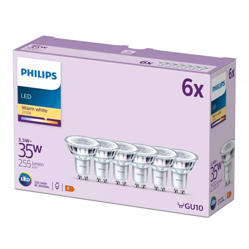 Philips Spot PAR16 GU10 6-pack, 3.5 W, 35 W, GU10, 255 lm, 15000 h, Silts balts