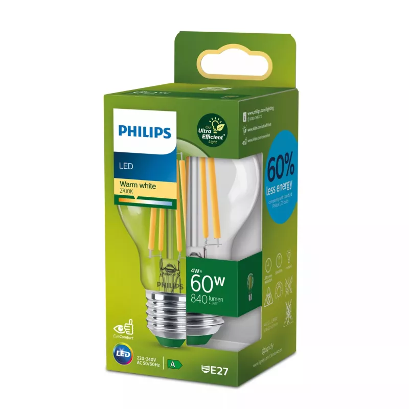 Philips Filament spuldze Caurspīdīga 60W A60 E27, 4 W, 60 W, E27, 840 lm, 50000 h, Silta balta
