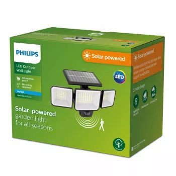 Apgaismojums drošībai Philips Securit 8.7W LED saules 5000K, 4V akumulators, melns plastmasas korpuss