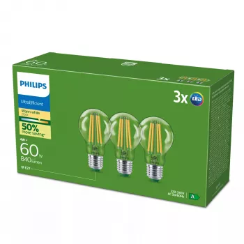 Philips Classic LED spuldze 60W ekvivalents, E27 caurspīdīga silta balta, 3 iepakojumā, energoklase A