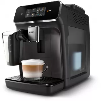 Kafijas automāts Philips EP2334/10 – pilnībā automātisks, iebūvēta keramikas dzirnaviņa, piena tvertne, AquaClean filtrs, skārienekrāns, melns