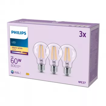 Philips Filament Spuldze Caurspīdīga 60 W A60 E27 x3, 7 W, 60 W, E27, 806 lm, 15000 h, Silta balta