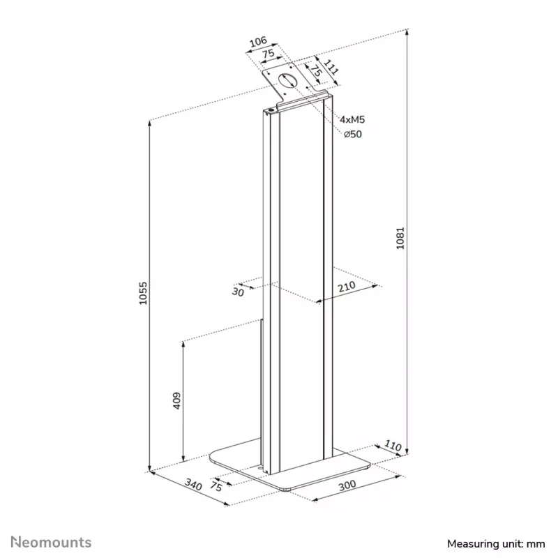 Neomounts FL15-628BL1 grīdas statīvs planšetēm — universāls, slēdzams, max slodze 3 kg, melns