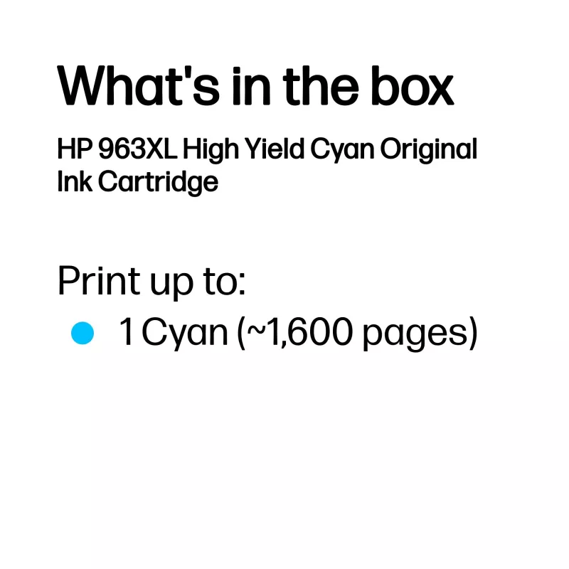 HP 963XL Augstas ražības ciāna oriģinālā tintes kasetne, ciāna, 1 gab., 1600 lpp.