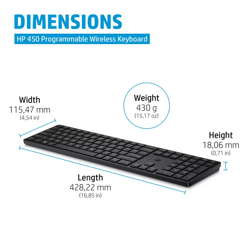 HP 450 Programmējama bezvadu tastatūra, pilnizmēra, RF bezvadu, USB, melna