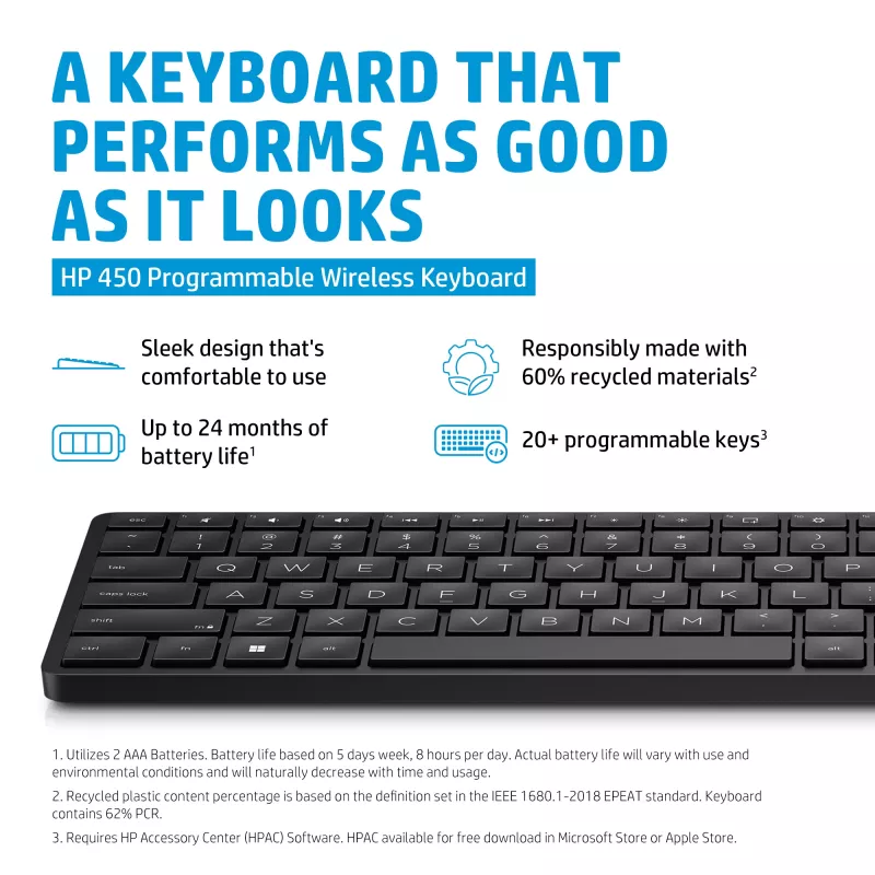 HP 450 Programmējama bezvadu tastatūra, pilnizmēra, RF bezvadu, USB, melna