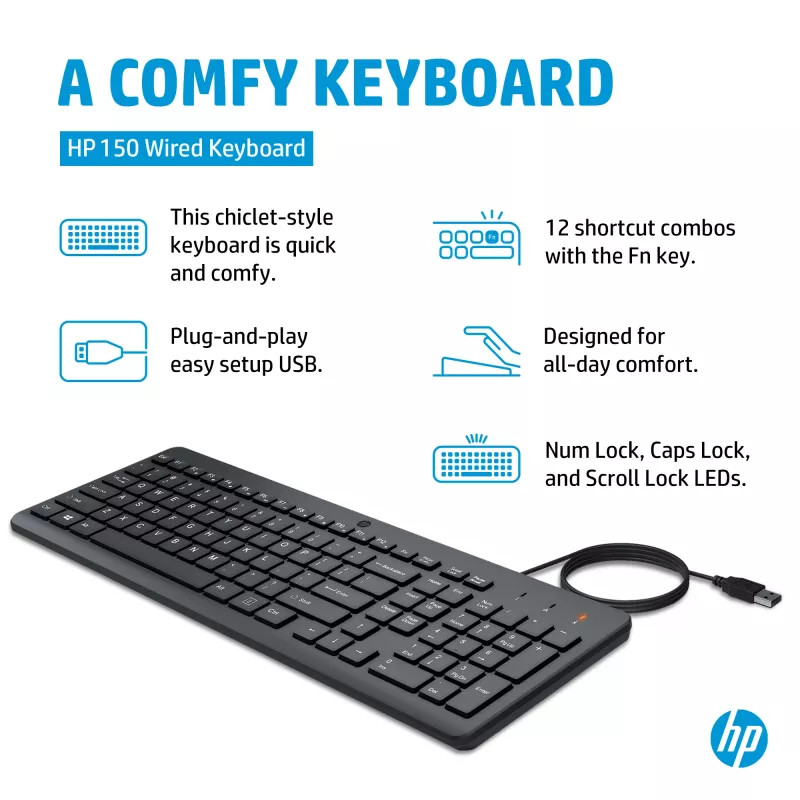 HP 150 vadu tastatūra, pilna izmēra, USB, melna, 1 m kabelis