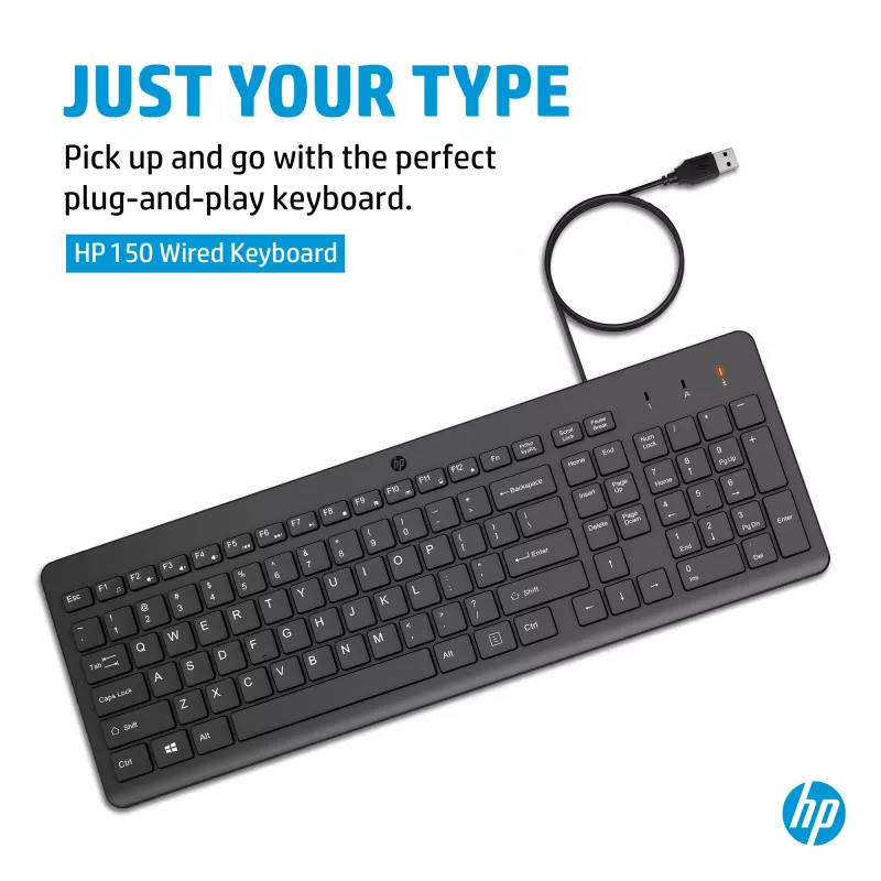 HP 150 vadu tastatūra, pilna izmēra, USB, melna, 1 m kabelis