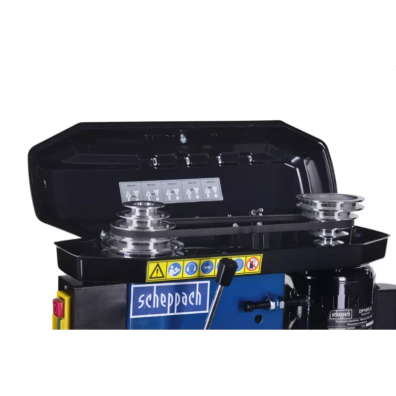 Urbjmāšina galda Scheppach DP16VLS 500W, tērauda korpuss, 230–240V, 2500 RPM, 13 mm patrona, 600×220×435 mm