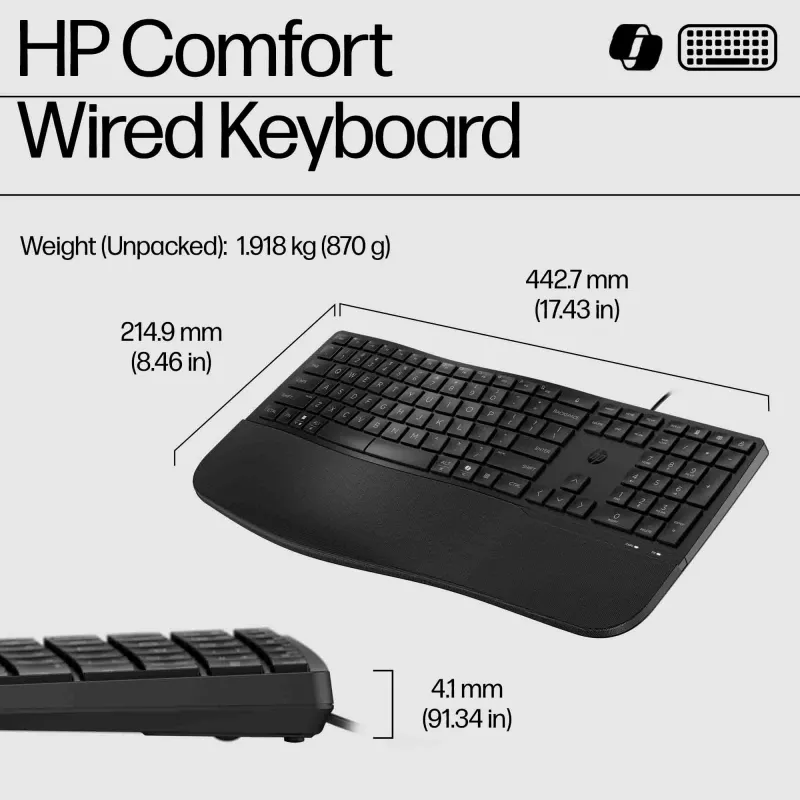 HP 480 Comfort vadu tastatūra, pilna izmēra, USB, melna, 1.5m