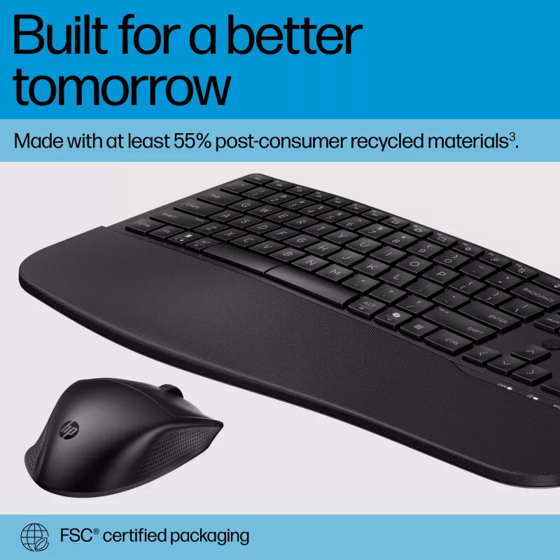 Bezvadu tastatūras un peles komplekts HP 685 Comfort — pilna izmēra izliekta tastatūra, RF bezvadu + Bluetooth, melna, ar peli