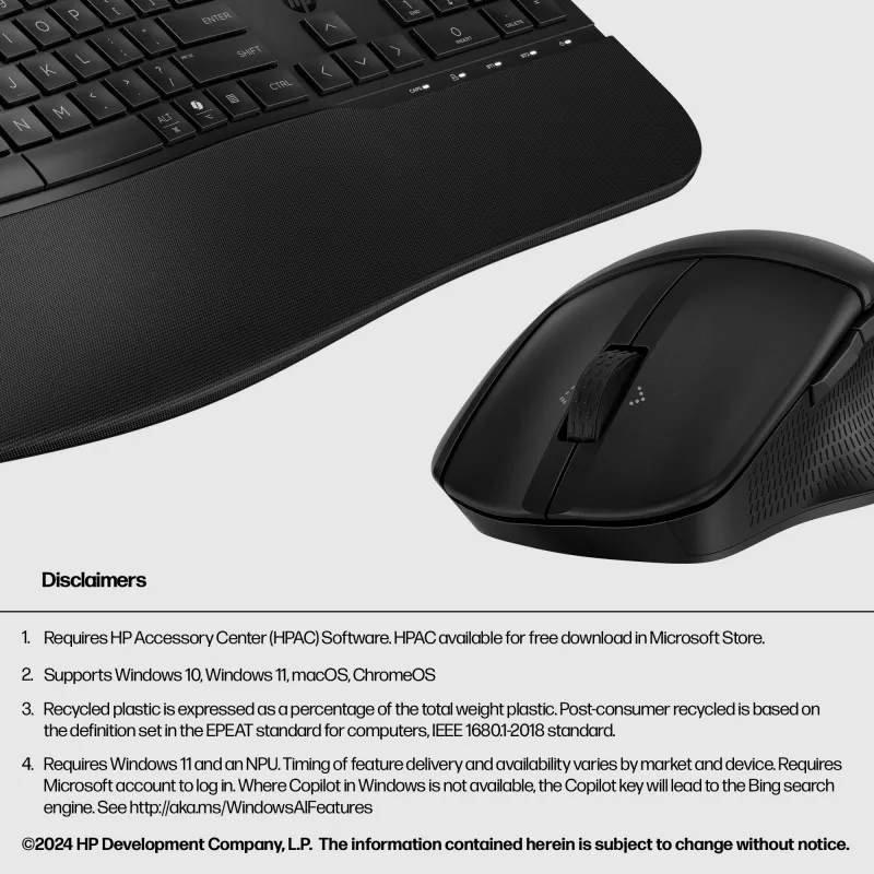 Bezvadu tastatūras un peles komplekts HP 685 Comfort — pilna izmēra izliekta tastatūra, RF bezvadu + Bluetooth, melna, ar peli