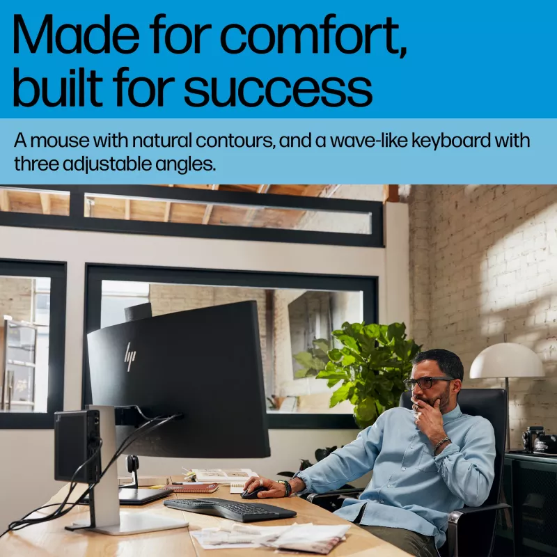 Bezvadu tastatūras un peles komplekts HP 685 Comfort — pilna izmēra izliekta tastatūra, RF bezvadu + Bluetooth, melna, ar peli