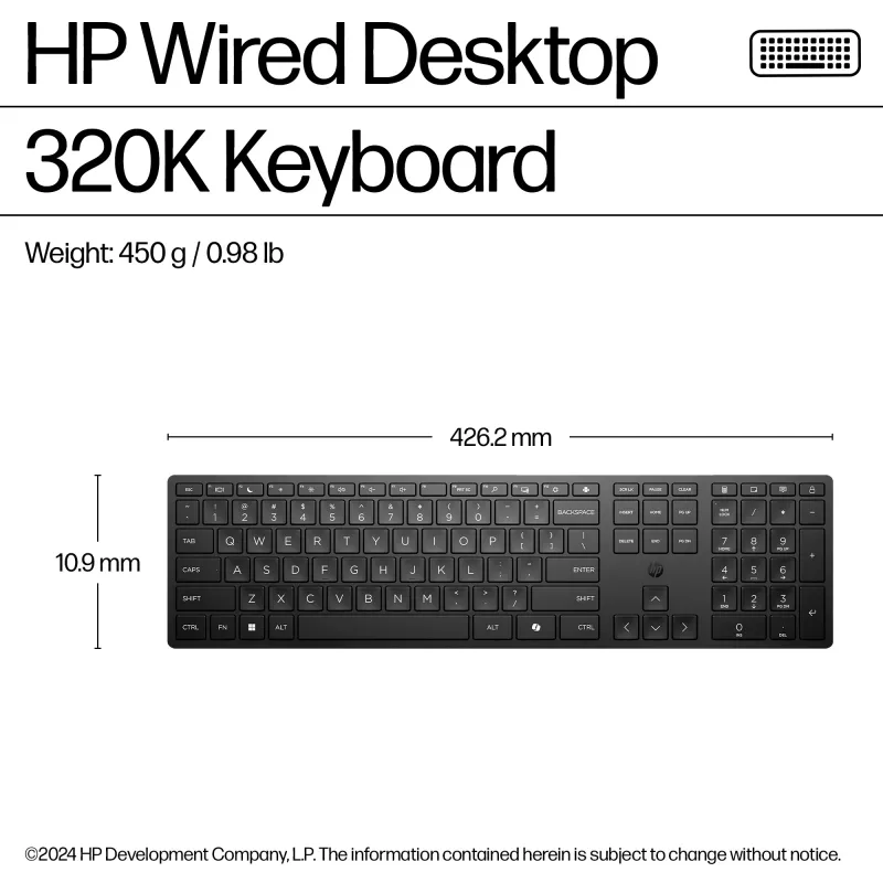 HP Wired Desktop 320K tastatūra, pilna izmēra, USB, membrānas, melna