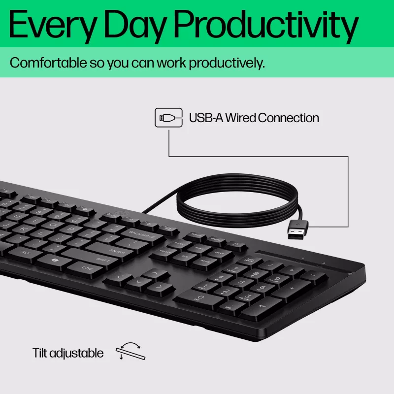 Vadu tastatūra HP 125 G2 — kompakts pilnizmēra izkārtojums ar USB savienojumu
