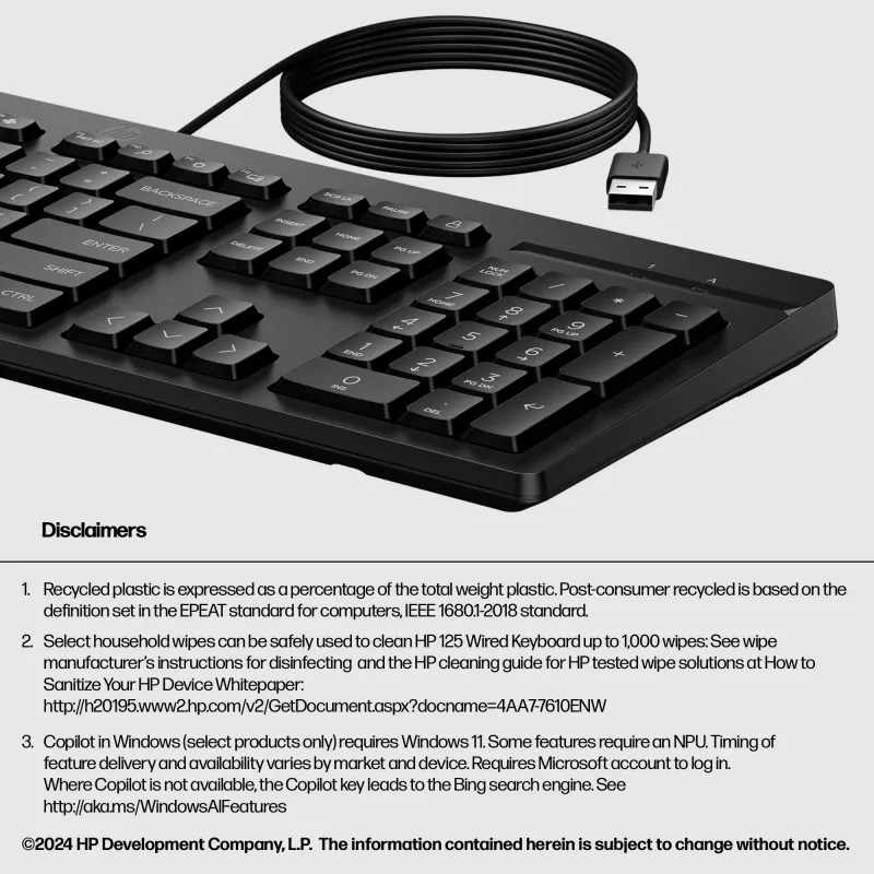 Vadu tastatūra HP 125 G2 — kompakts pilnizmēra izkārtojums ar USB savienojumu